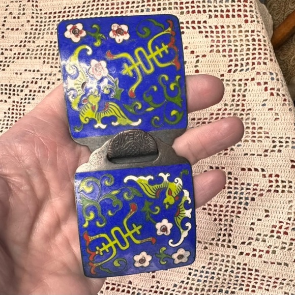 Distinctive Antique Cobalt Blue Enameled Brass Belt Buckle From China - c 1920 - Picture 8 of 8